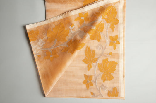 Peach Bloom Jamdani — Pure Muslin Handloom Saree