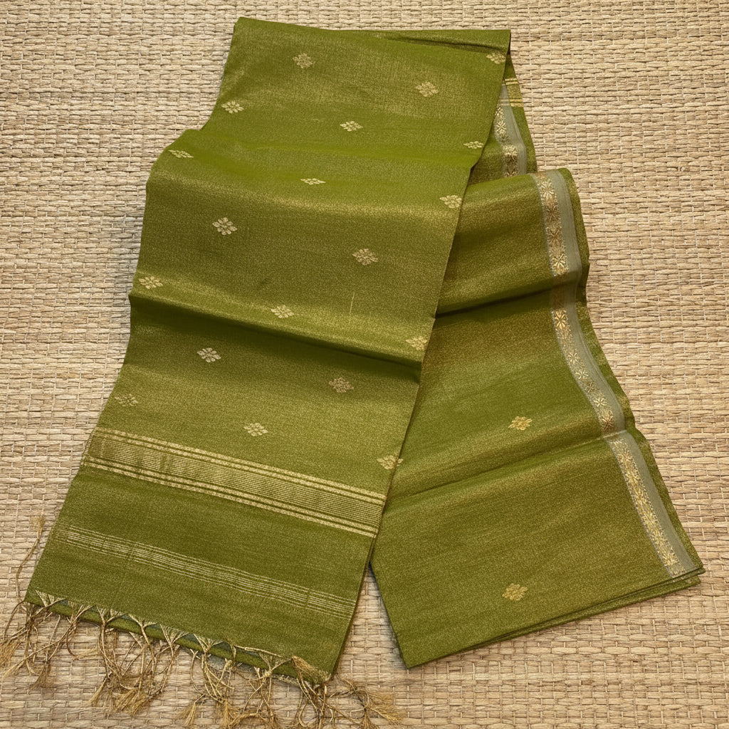 Olive Green Maheshwari Tissue Saree with Gold Buti - AUV-900027