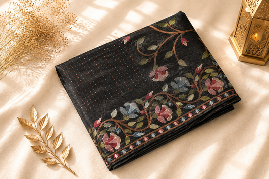 Black Tussar Silk Saree – Aari Work Floral Border with Woven Butti