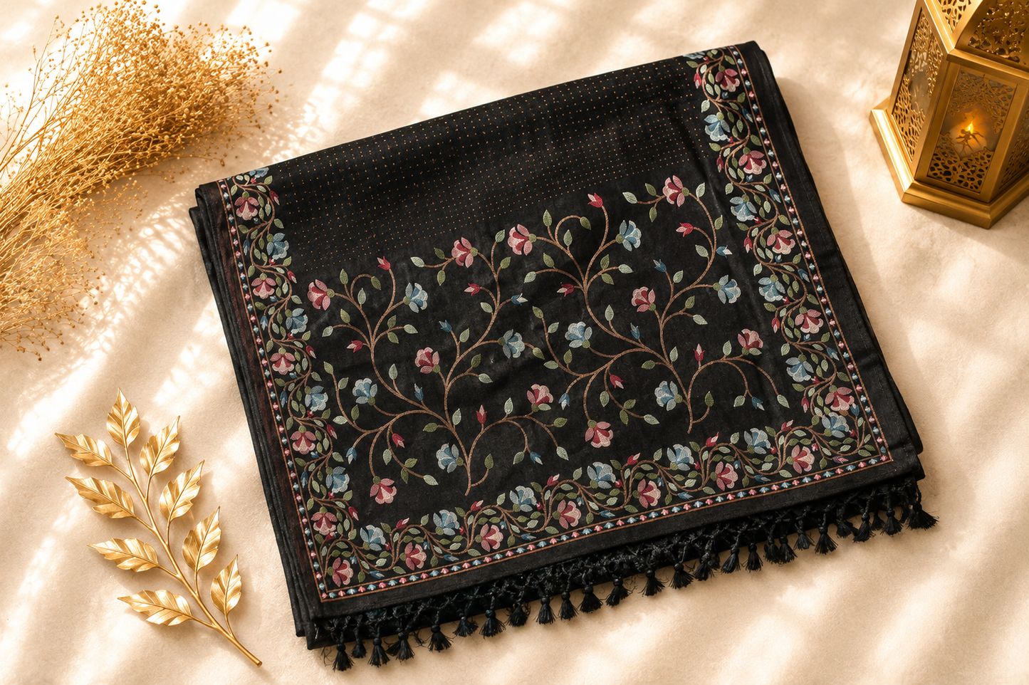 Black Tussar Silk Saree – Aari Work Floral Border with Woven Butti