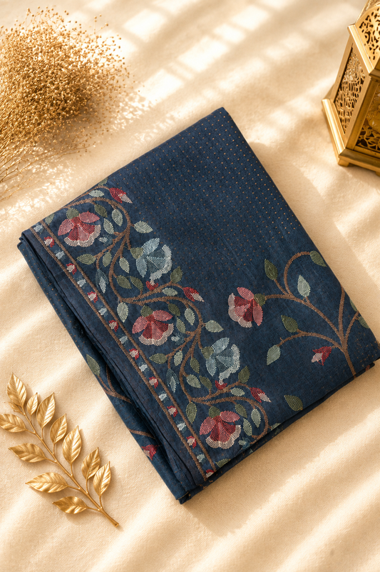 Navy Blue Tussar Silk Saree with Aari Floral Vine Embroidery