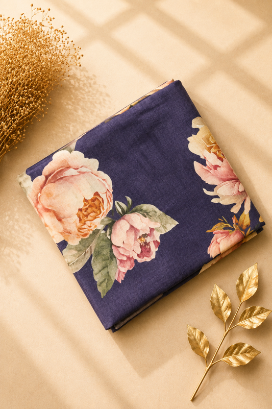 Navy Blue Tussar Silk Saree with Digital Peony Print