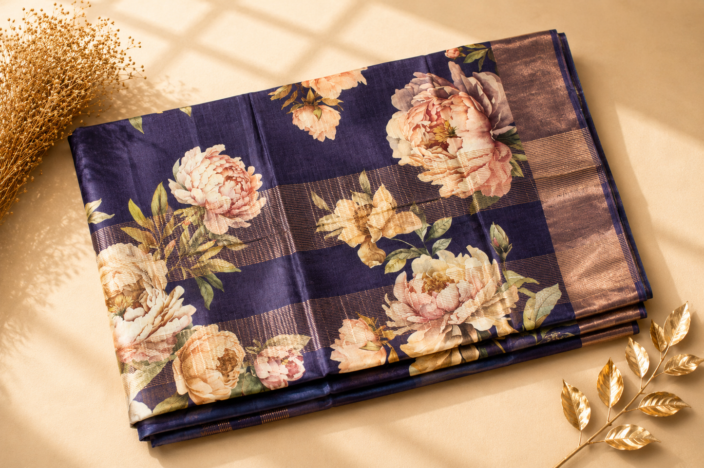 Navy Blue Tussar Silk Saree with Digital Peony Print
