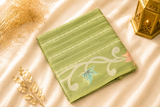 Olive Green Tussar Silk Saree — Hand-Painted Floral Vine Motif