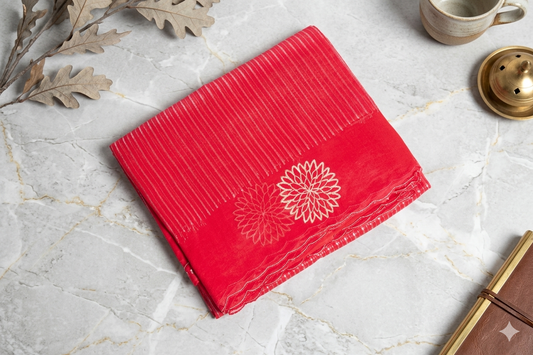 Rust Orange Organza Saree with Silver Stripes