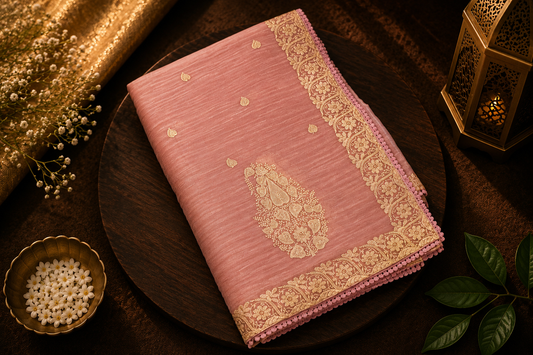 Pink Bloom — Semi Organza Crush Saree with Thread Embroidery