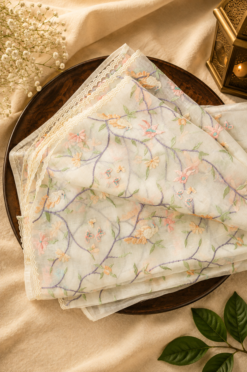 Ivory Vine — Semi Organza Saree with Floral Vine Embroidery