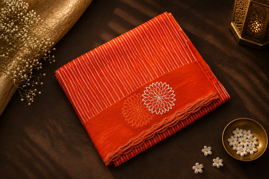 Rust Orange Organza Saree with Silver Stripes