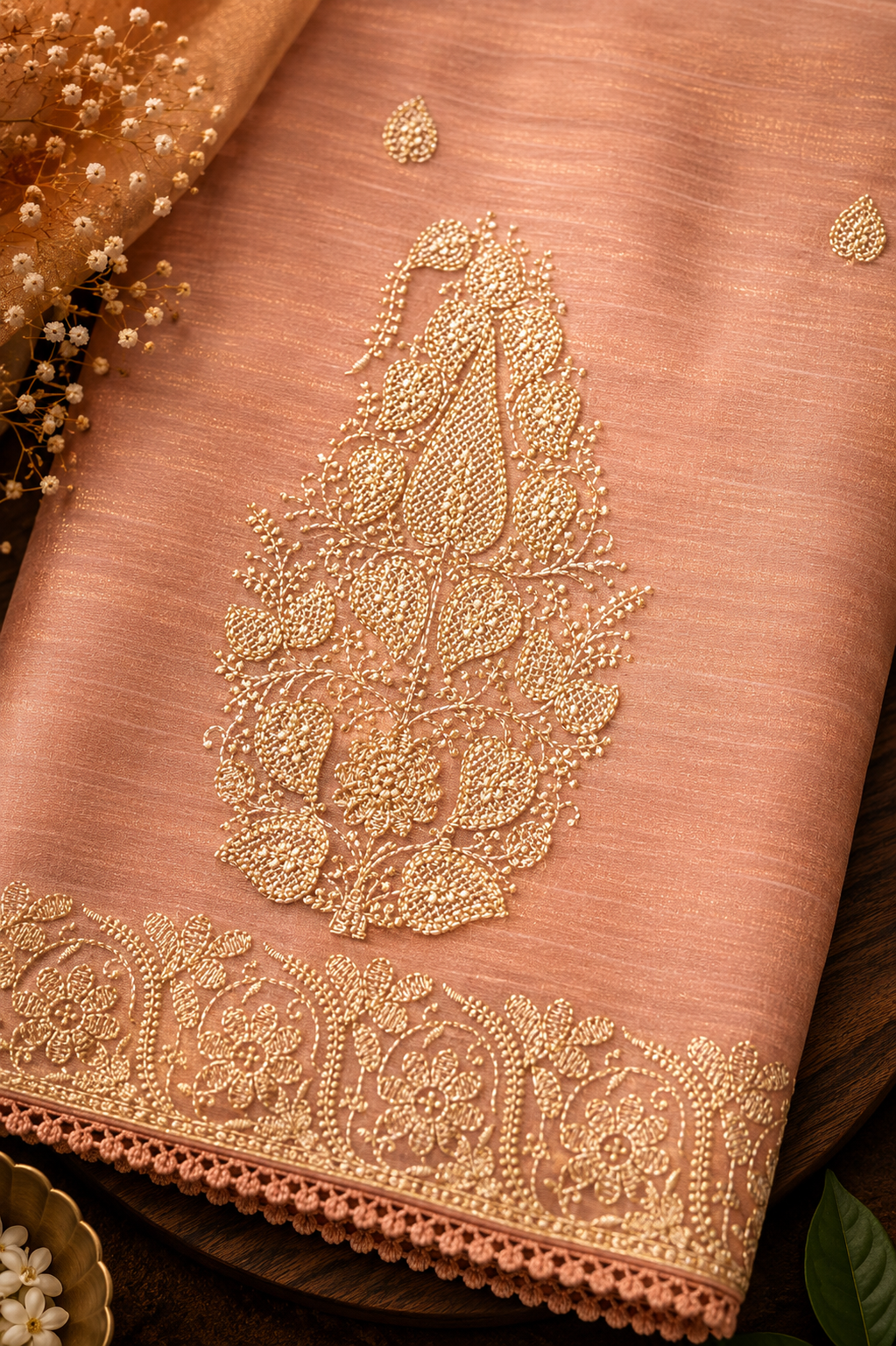 Peach Trail — Semi Organza Saree with Thread Embroidery