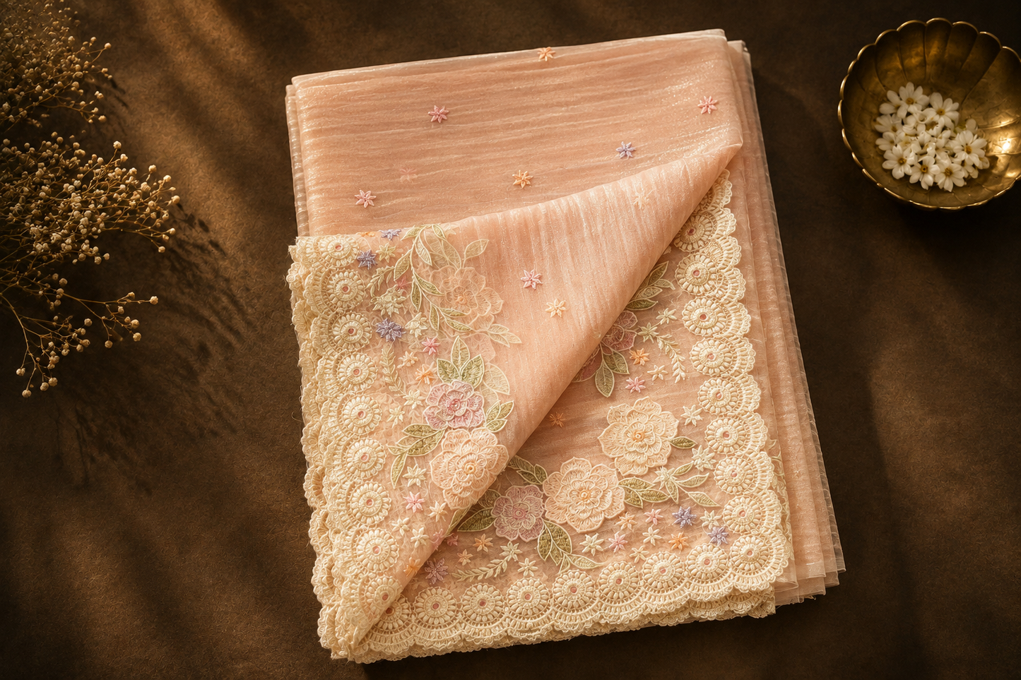 Peach Blossom — Semi Organza Saree with Floral Thread Embroidery