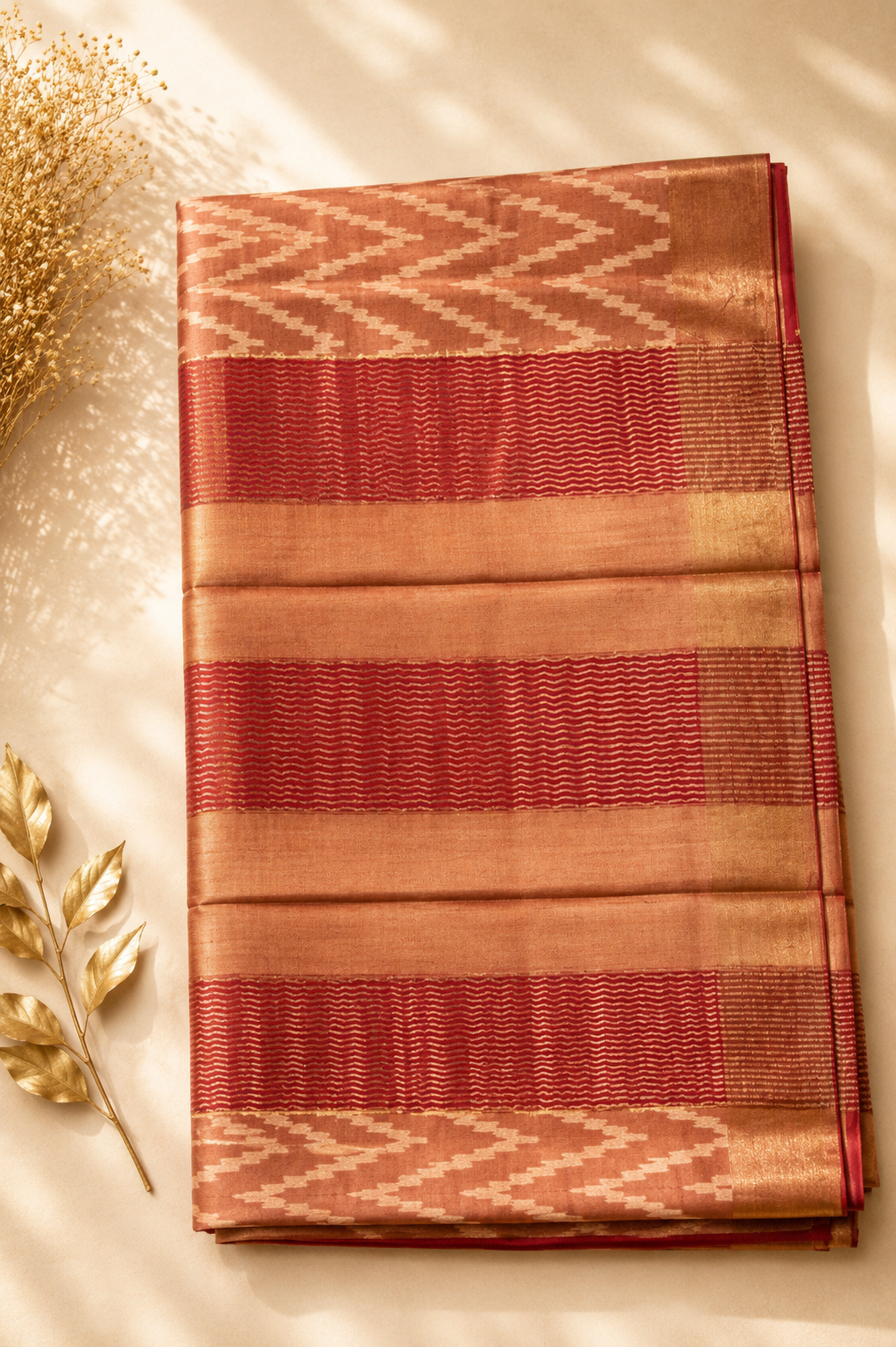 Rust Tussar Silk Saree with Woven Ikat Chevron Body