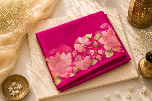 Fuchsia Organza Floral Embroidery Saree