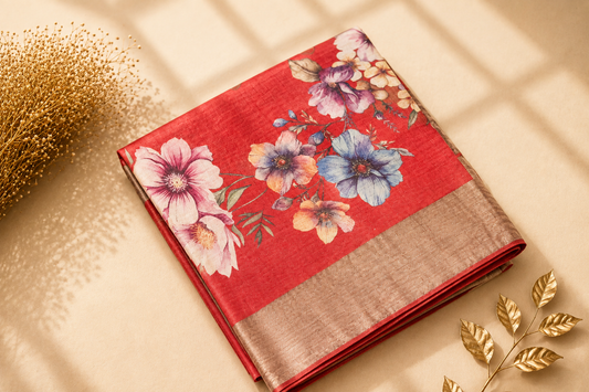 Crimson Red Tussar Silk Saree with Digital Floral Print
