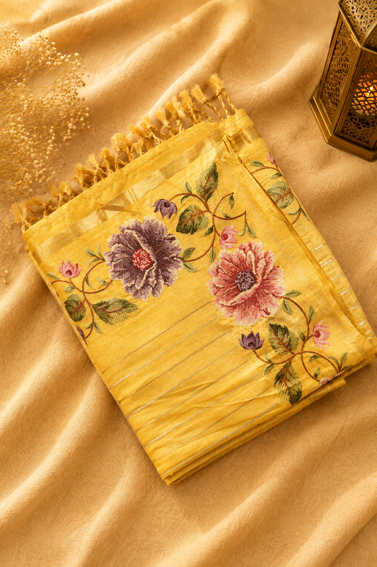 Yellow Tussar Silk Saree with Parsi Peony Floral Border and Self-Woven Gold Zari Stripes