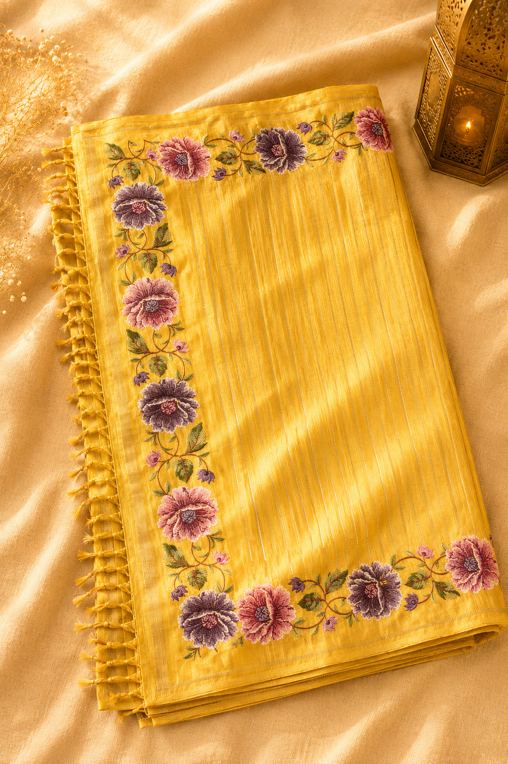 Yellow Tussar Silk Saree with Parsi Peony Floral Border and Self-Woven Gold Zari Stripes