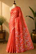 Tangerine Orange Jamdani - Pure Muslin Handloom Saree - AUV-900115