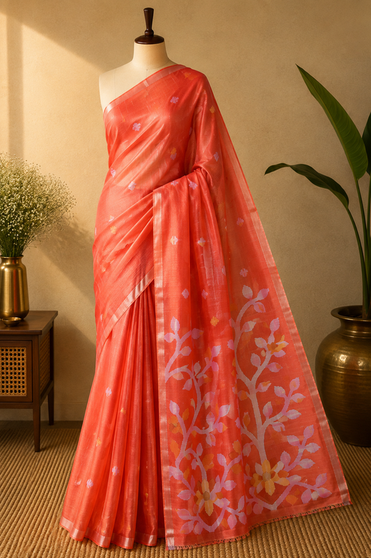 Tangerine Orange Jamdani - Pure Muslin Handloom Saree - AUV-900115