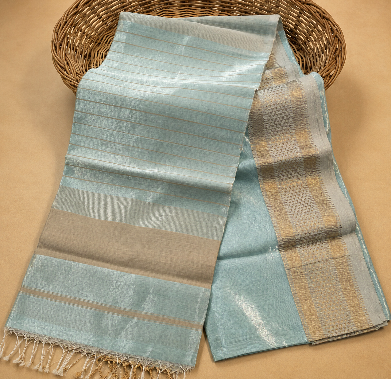 Sage Aqua Blue Tissue Maheshwari Saree