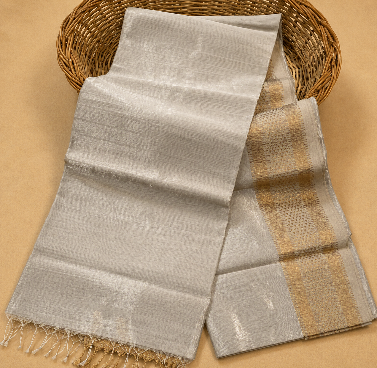 Ivory Silver  Tissue Maheshwari Saree - AUV-900032