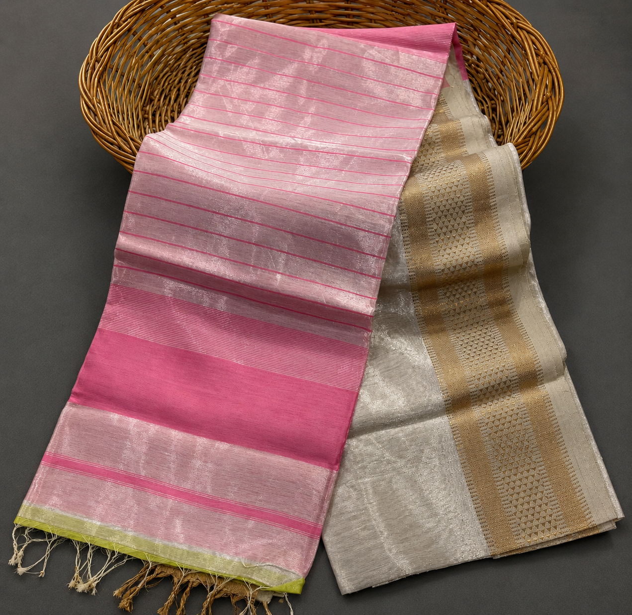 White and Blush Pink Tissue Maheshwari Saree - AUV-900033