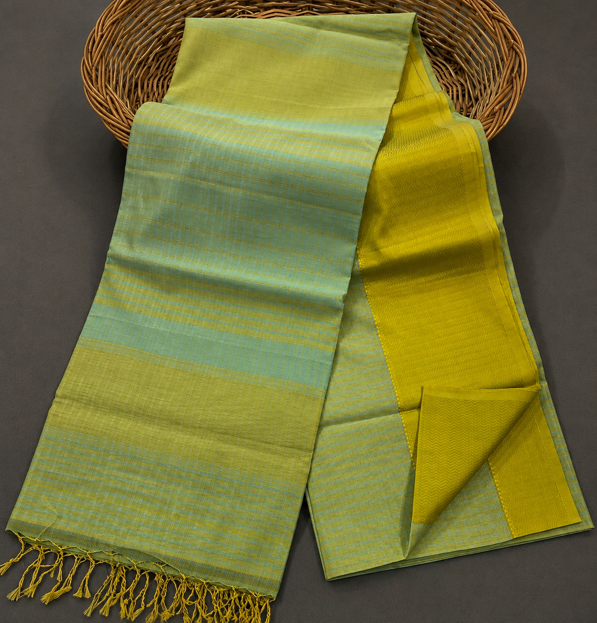 Lime-Mustard Handloom Cotton Maheshwari Saree - AUV-900025