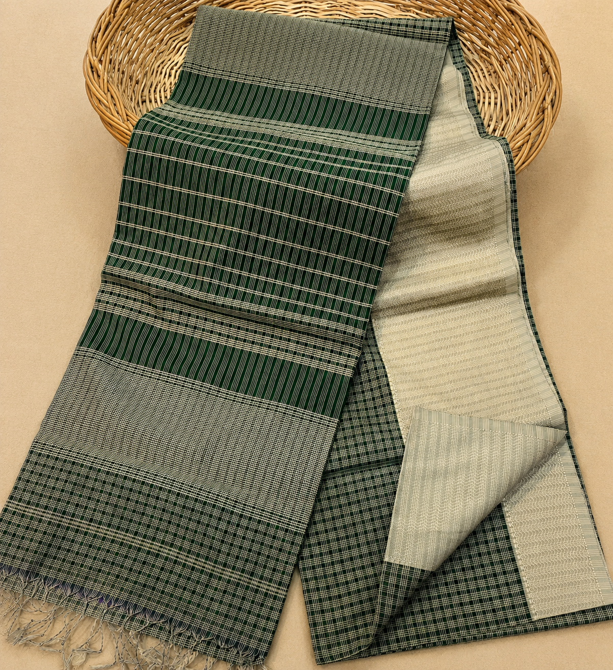 Bottle Green Handloom Cotton Maheshwari Saree - AUV-900023