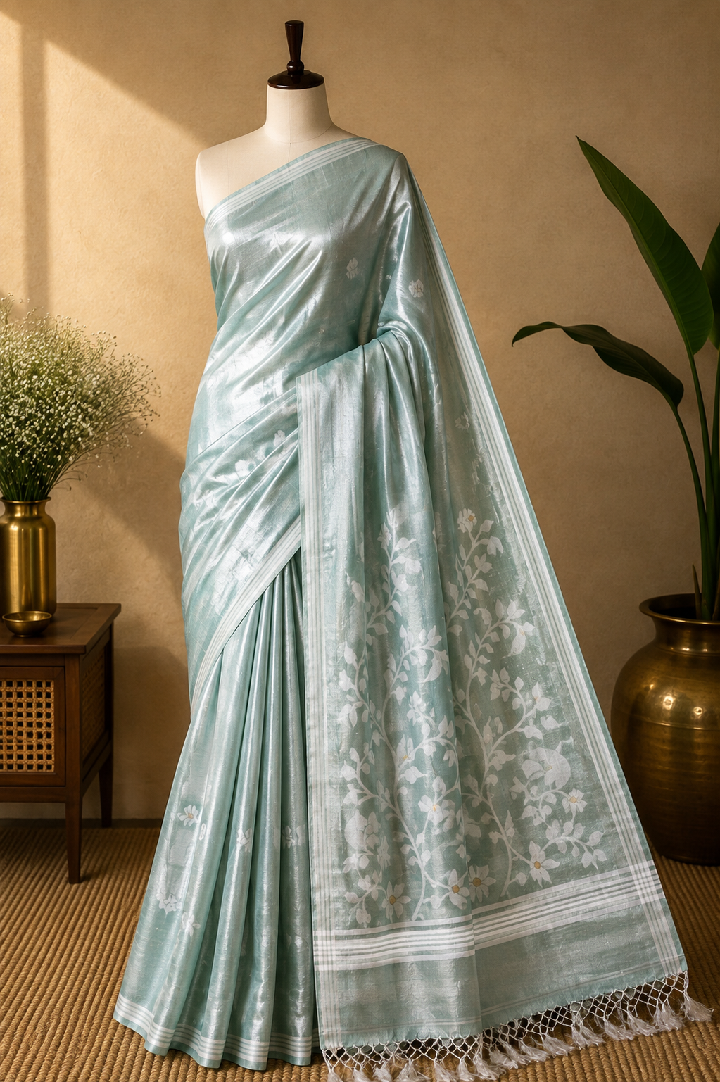 Sea Mist Jamdani - Tussar by Art Silk Handloom Saree - AUV-900124