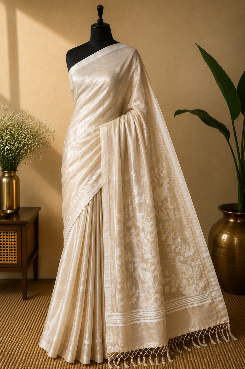 Beige Jamdani - Tussar by Art Silk Handloom Saree -AUV-900123