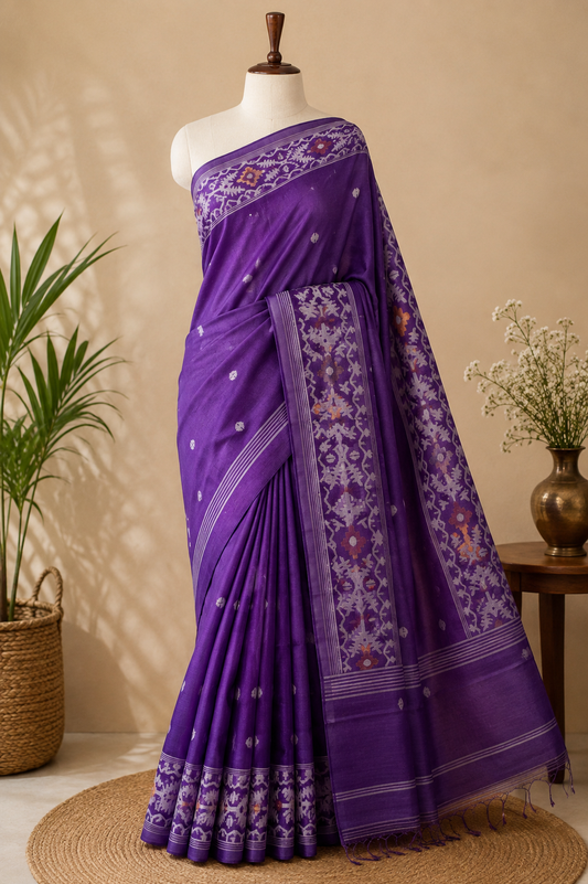 Purple Trellis Bengal Tussar Jamdani Saree -AUV-900121