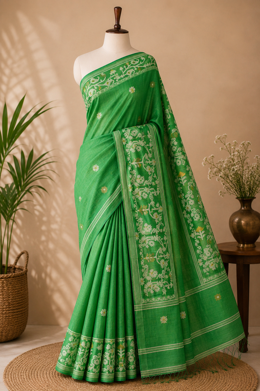 Green trellis Bengal Tussar Jamdani Saree - AUV-900120