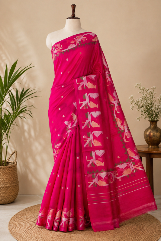 Fuchsia Pink Jamdani -  Pure Muslin Handloom Saree - AUV-900104