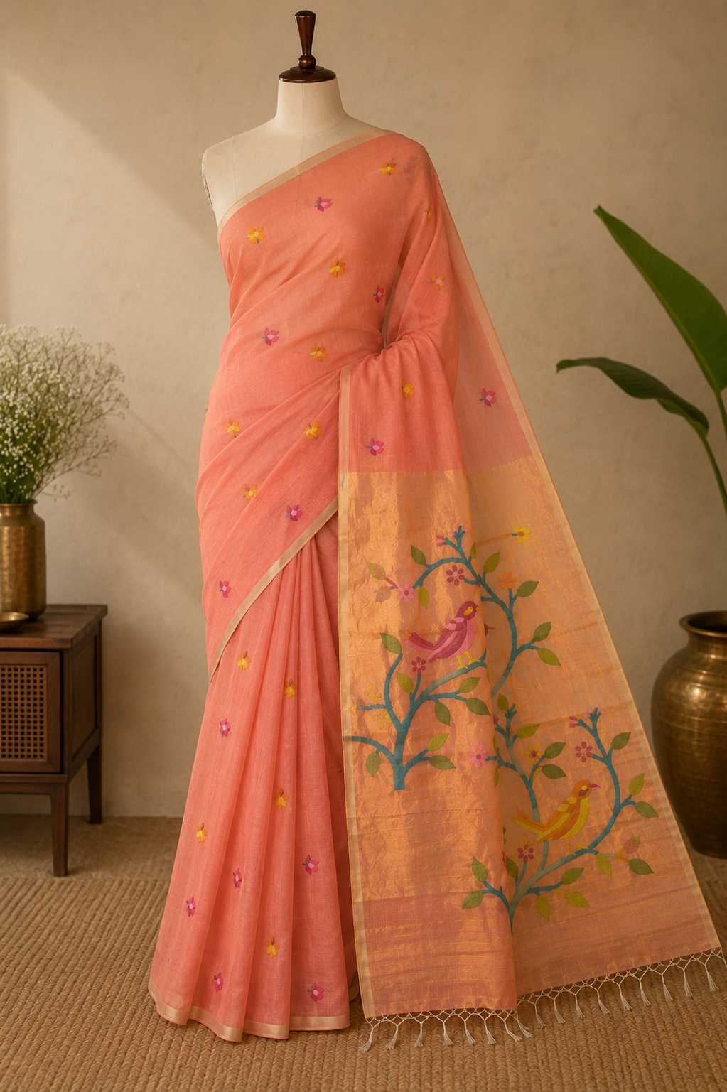 Coral Jamdani — Pure Muslin Handloom Saree