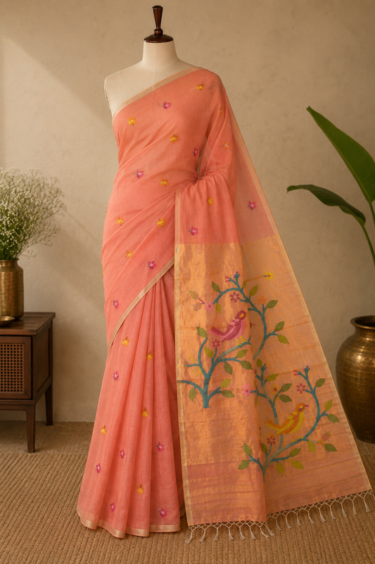 Coral Jamdani — Pure Muslin Handloom Saree