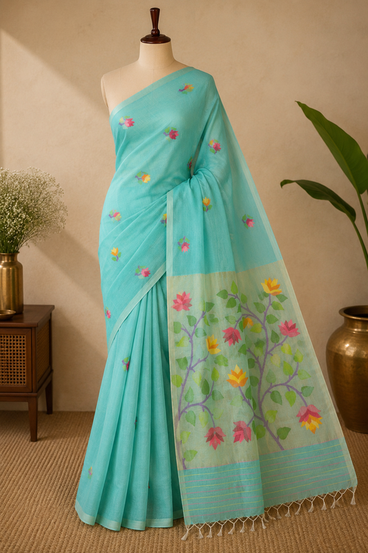 Light Blue Jamdani — Pure Muslin Handloom Saree