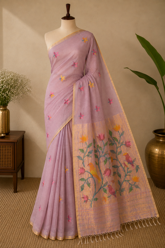 Mauve Songbird Jamdani — Pure Muslin Handloom Saree