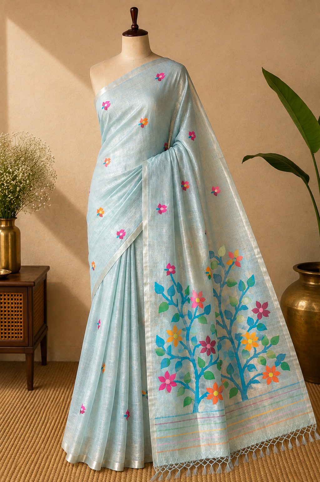 Ice Blue Jamdani — Pure Muslin Handloom Saree