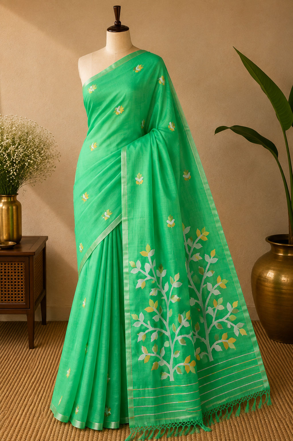 Jade Green Jamdani — Pure Muslin Handloom Saree
