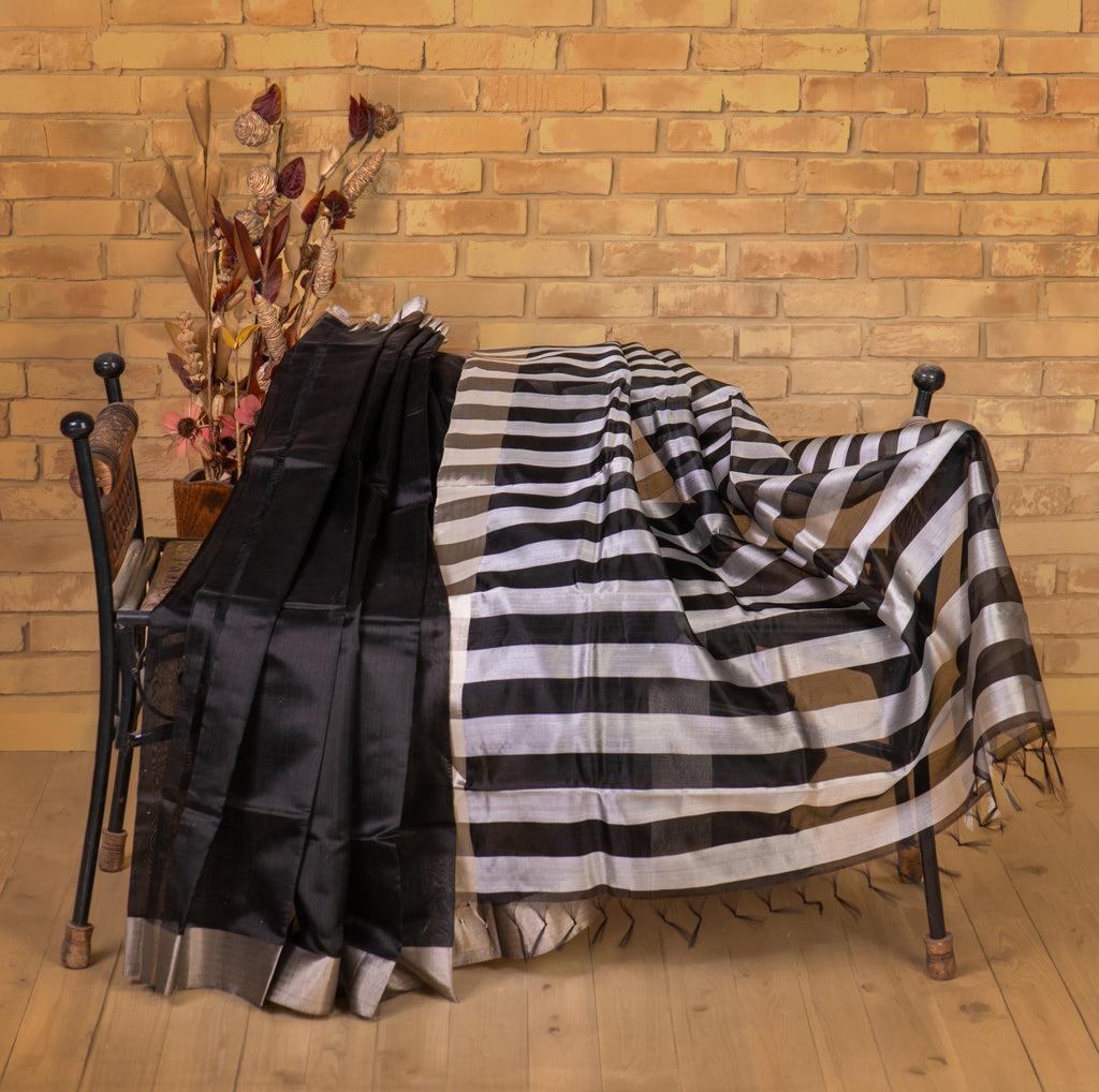 Black & Ivory Striped Chanderi Saree with Blouse AUV-900045
