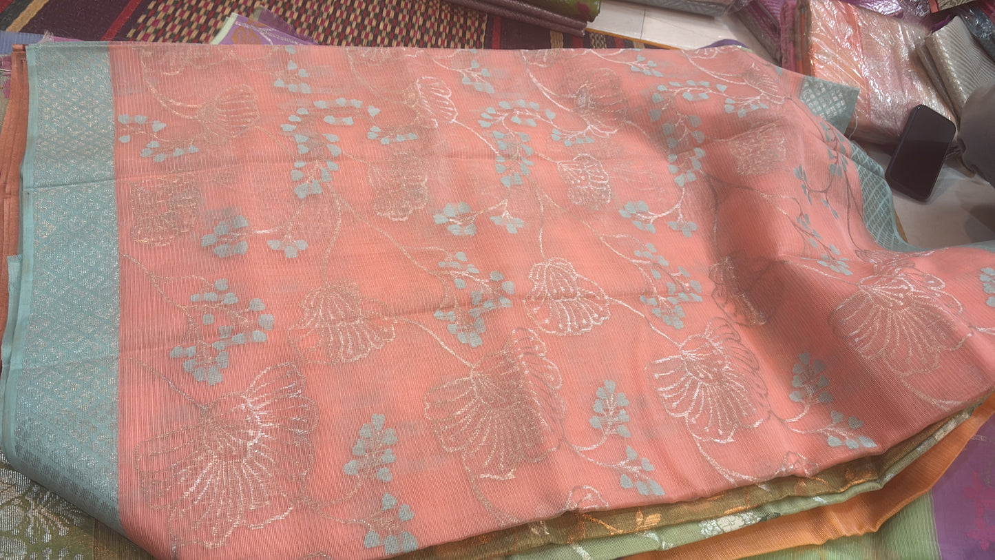 PEACH AND BLUE ZARI KOTA SAREE