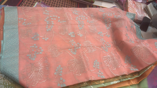 PEACH AND BLUE ZARI KOTA SAREE