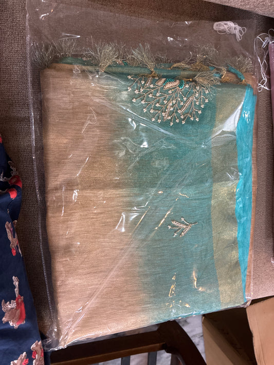 Beige-Teal Ombre Bhagalpuri Silk Saree