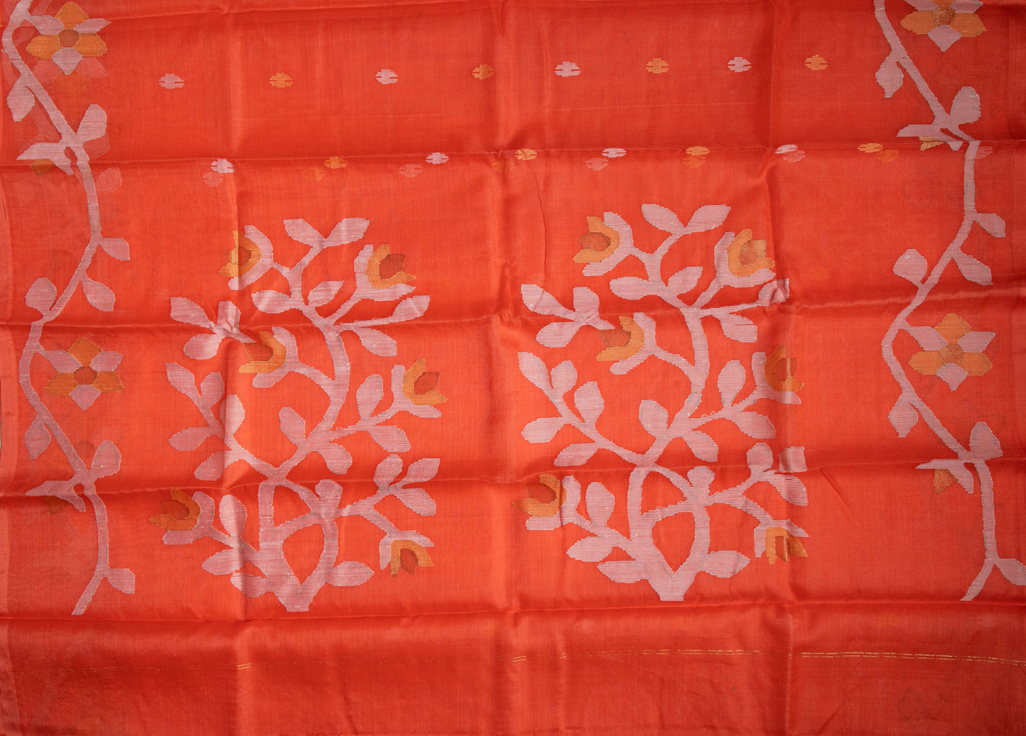 Tangerine Orange Jamdani - Pure Muslin Handloom Saree - AUV-900115