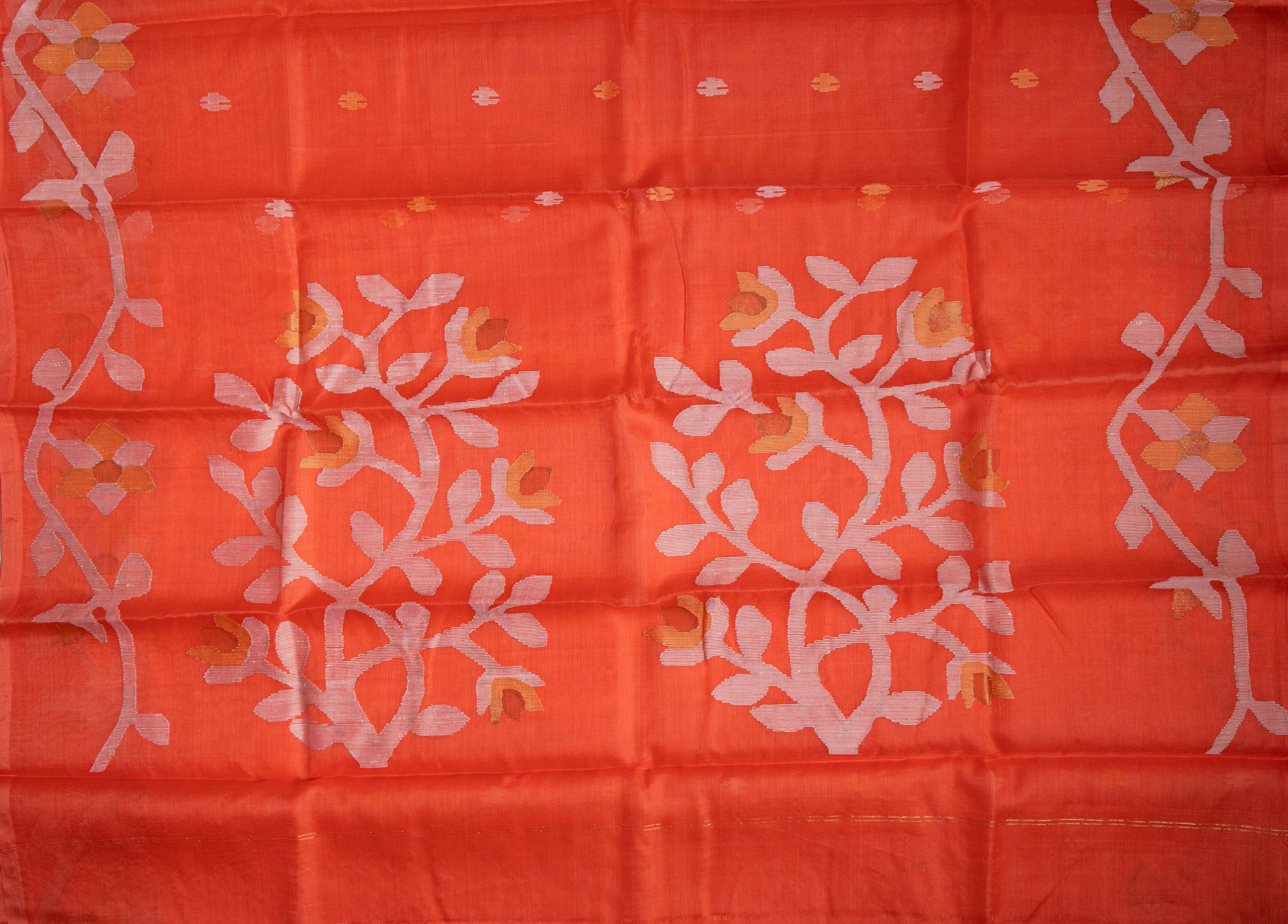 Tangerine Orange Jamdani - Pure Muslin Handloom Saree - AUV-900115
