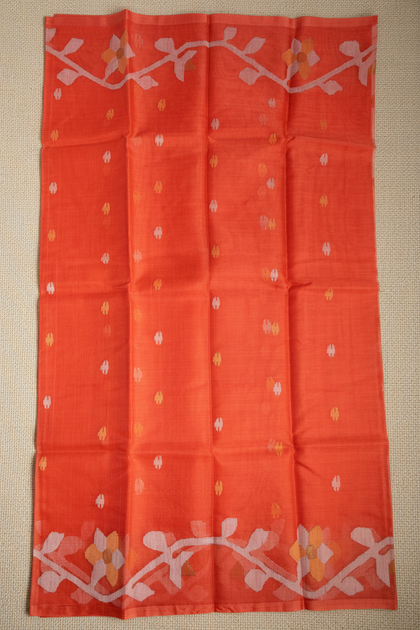 Tangerine Orange Jamdani - Pure Muslin Handloom Saree - AUV-900115