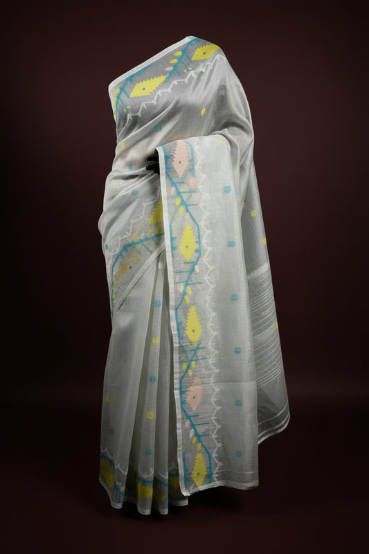 Pastel Grey Jamdani — Pure Muslin Handloom Saree