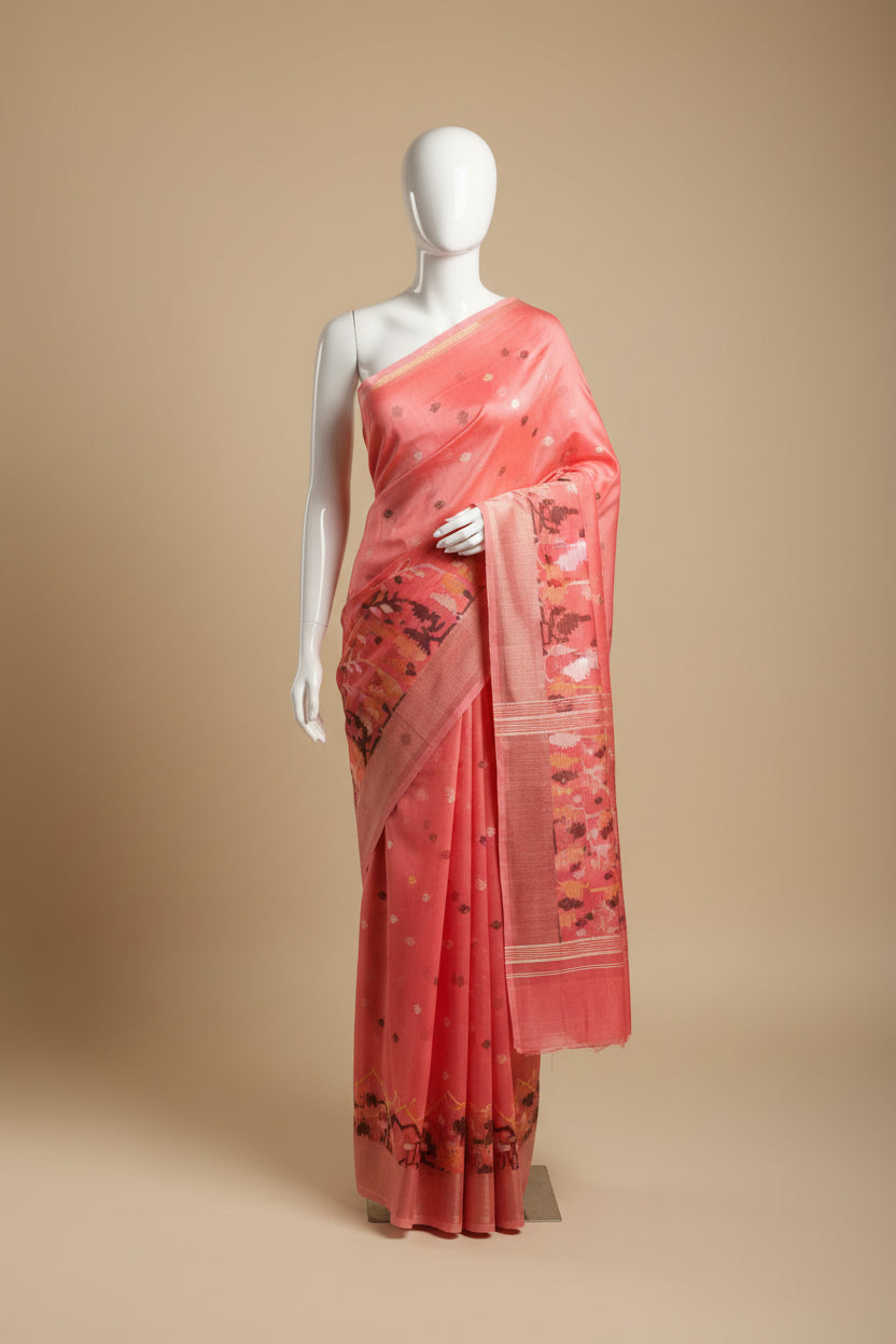 Coral Geo Jamdani — Pure Muslin Handloom Saree -AUV-900105