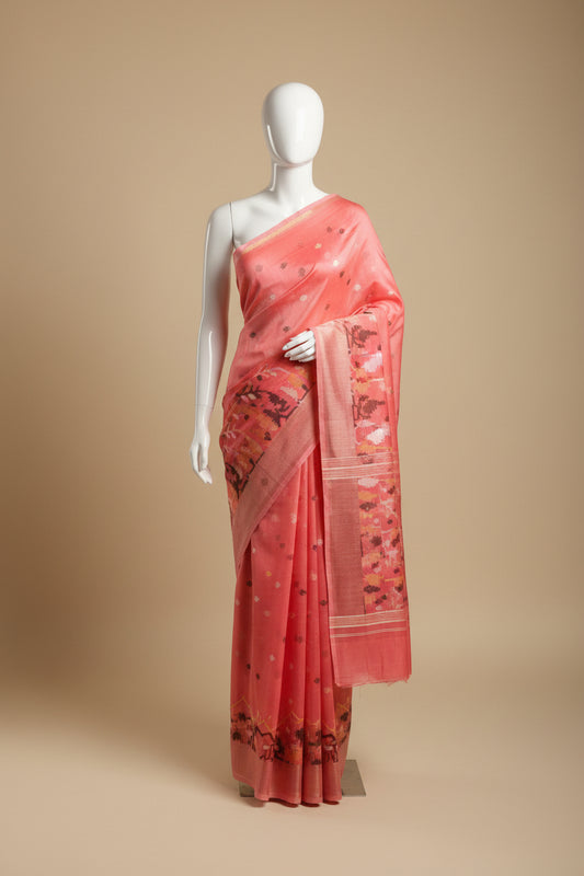 Coral Geo Jamdani — Pure Muslin Handloom Saree -AUV-900105