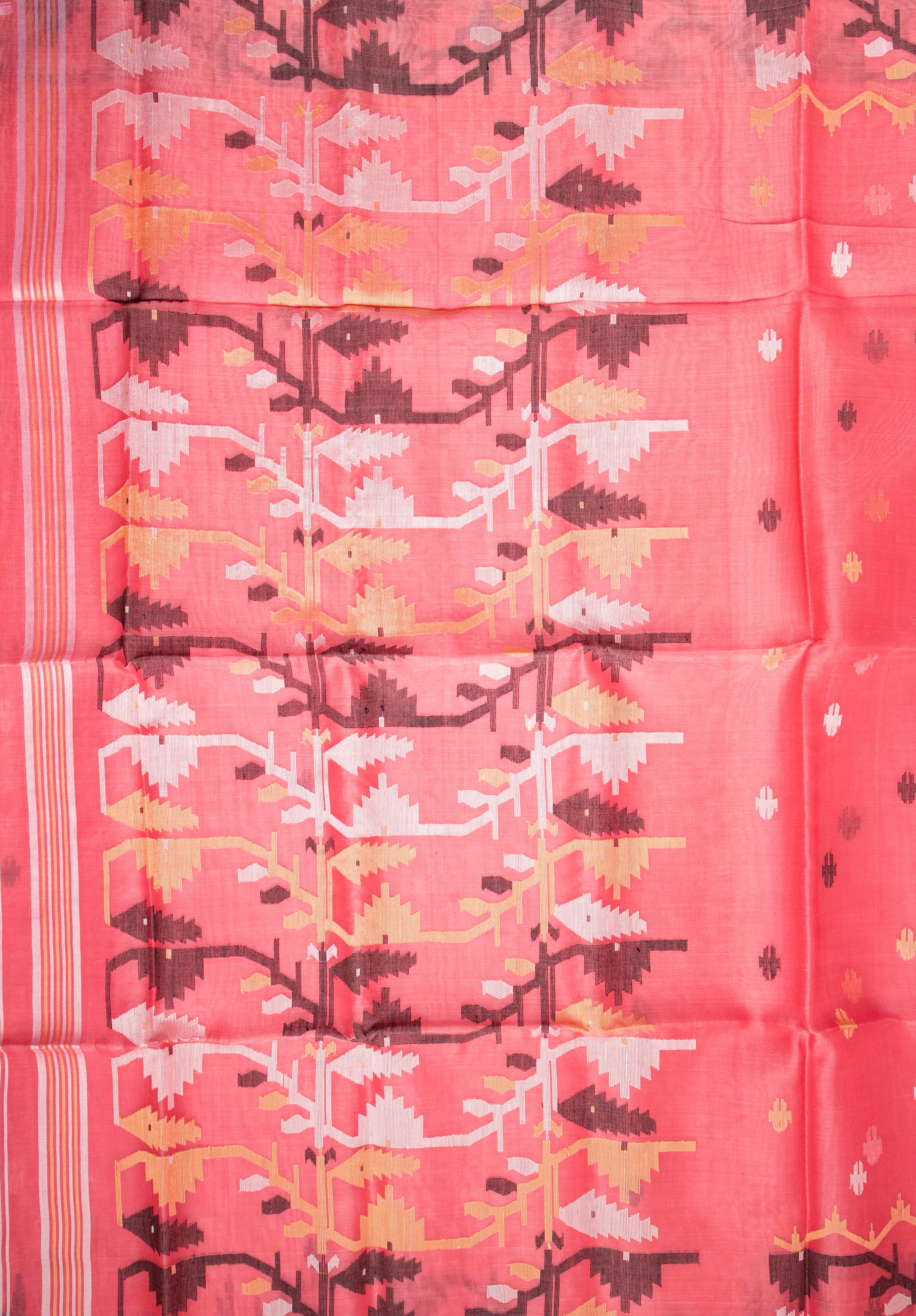 Coral Geo Jamdani — Pure Muslin Handloom Saree -AUV-900105