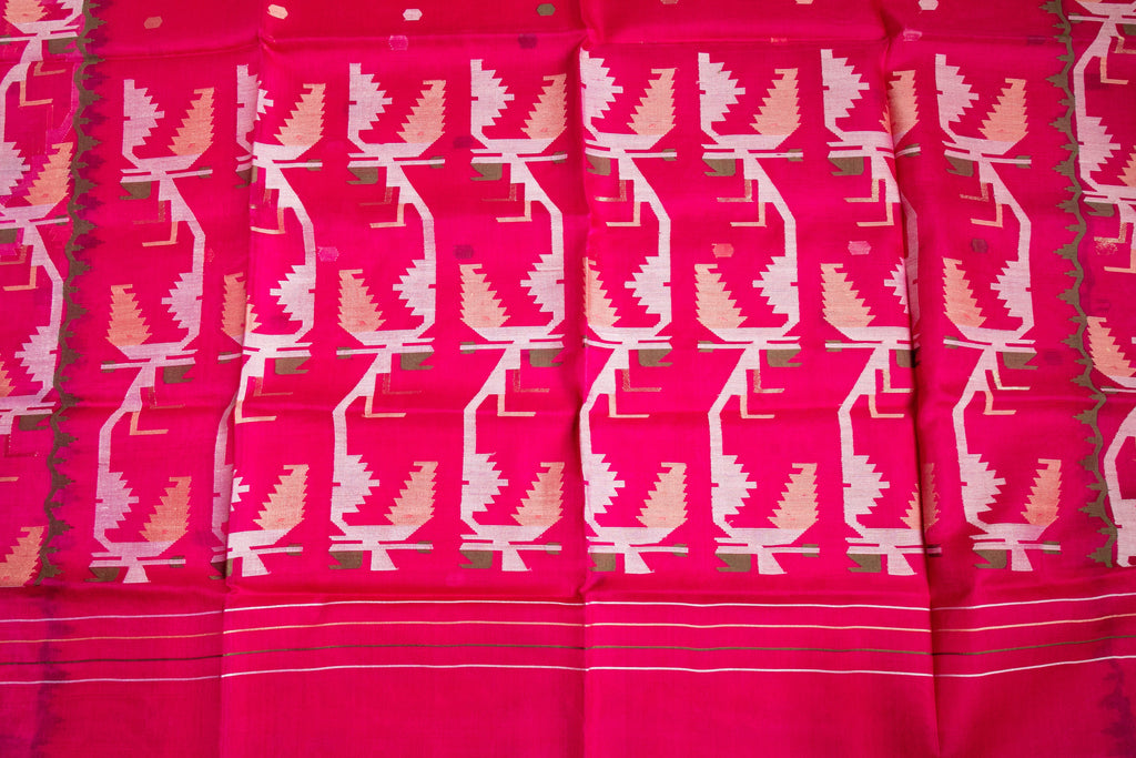 Fuchsia Pink Jamdani -  Pure Muslin Handloom Saree - AUV-900104