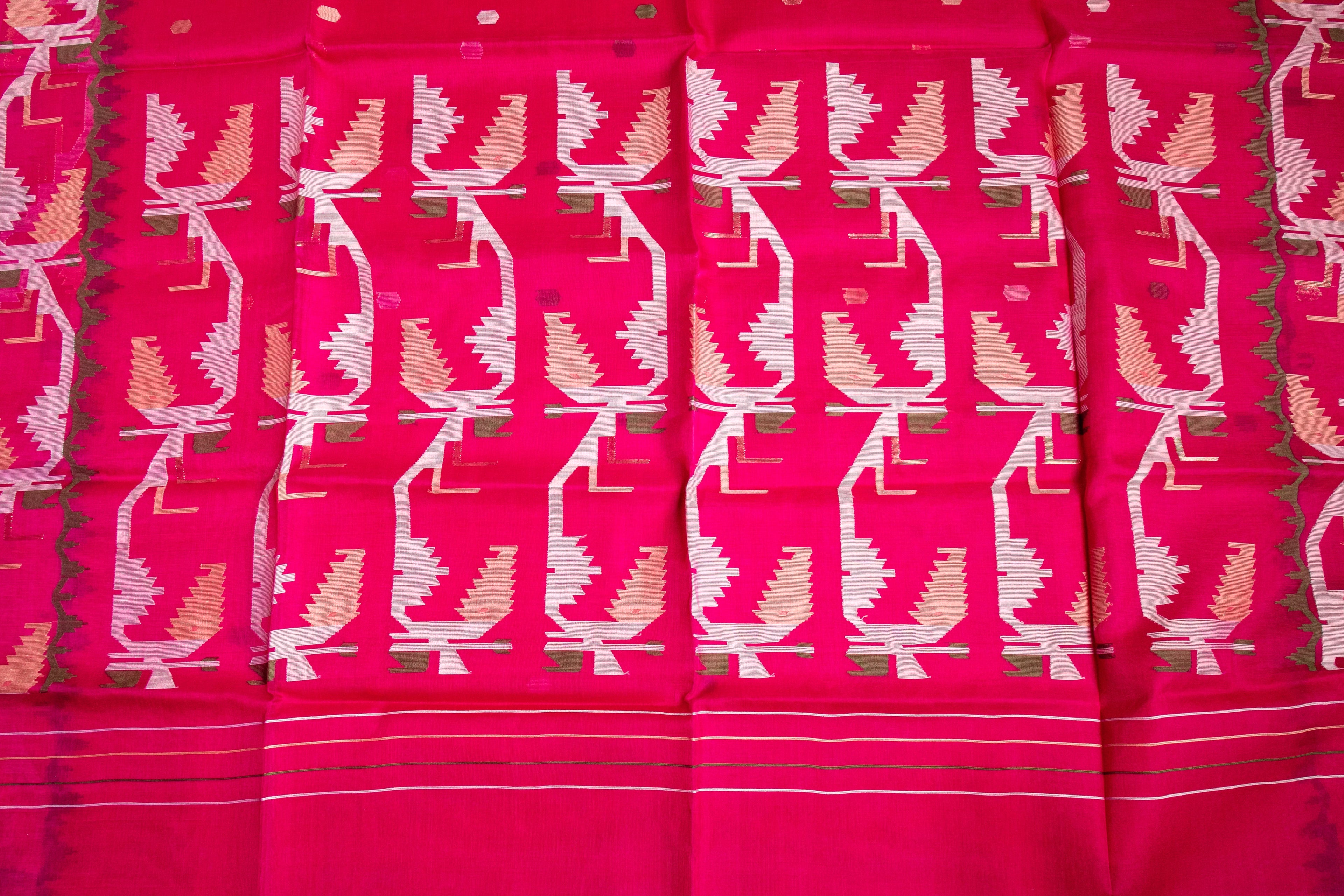 Fuchsia Pink Jamdani -  Pure Muslin Handloom Saree - AUV-900104